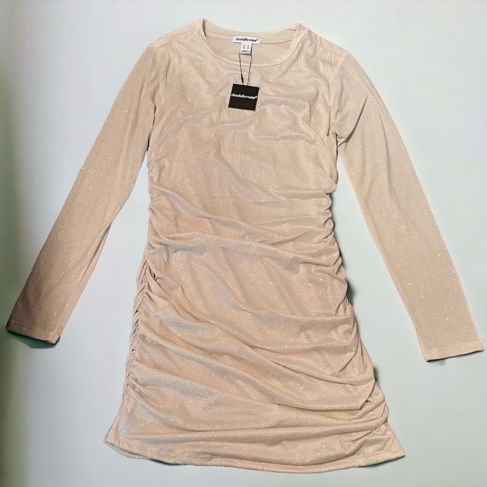 CHARLOTTE RUSSE Beige Long Sleeve Ruched Open-Back Bodycon Mini Party Dress